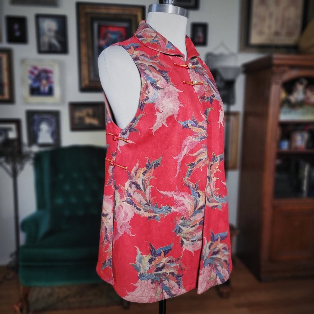Han Tang Yuan Vest Red Floral Tapestry Pearl Frog Closure Sleeveless Jacket NEW - Picture 3 of 8